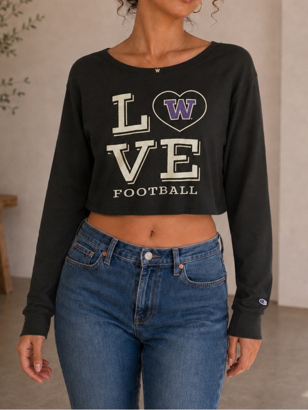 Champion Washington Huskies Black Cropped Long-Sleeve "LOVE Football" Top